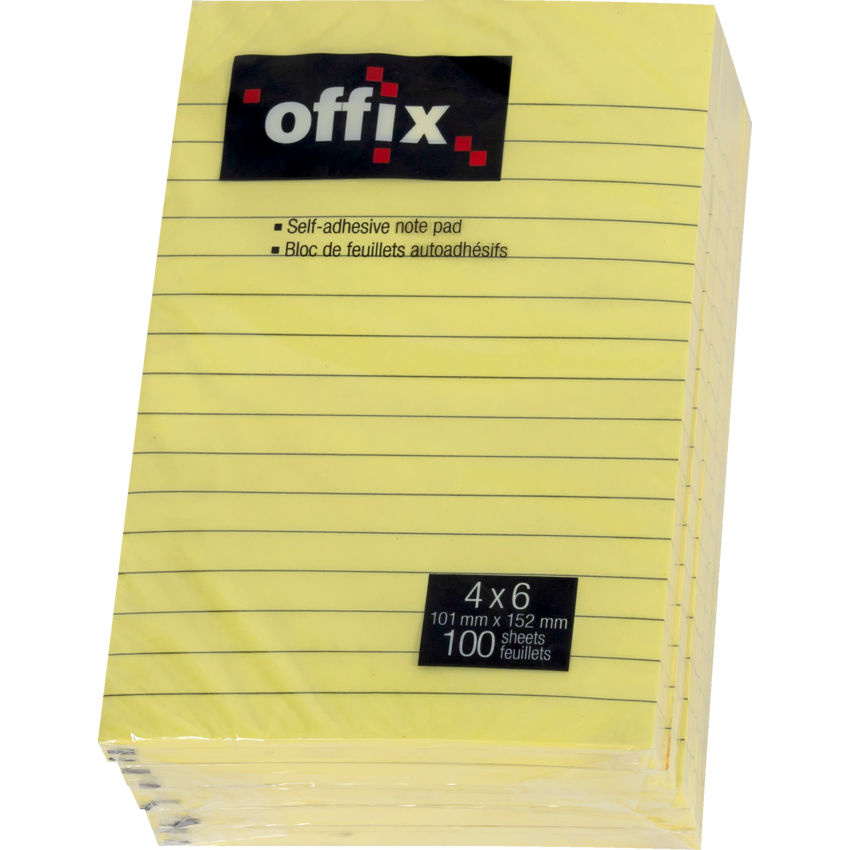 Offix® Self-Adhesive Notes 4" x 6" Lined 100 sheets per pad Yellow 5 pads/pkg