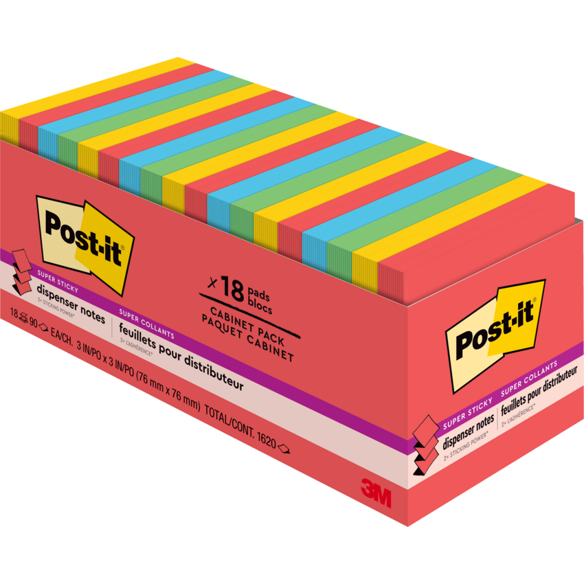 Post-it® Super Sticky Dispenser Notes Cabinet Pack 3" x 3" Assorted Playful Primaries 18 pads/pkg
