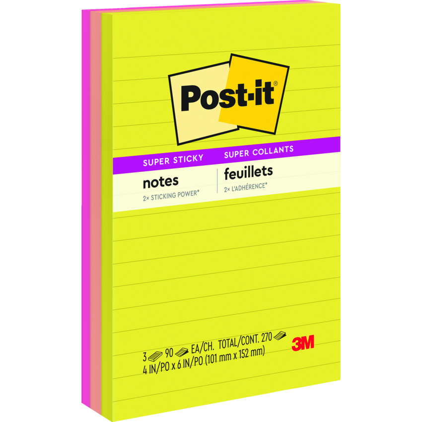Post-it® Super Sticky Notes Lined 4" x 6" 90 sheets per pad Assorted Summer Joy Collection 3 pads/pkg