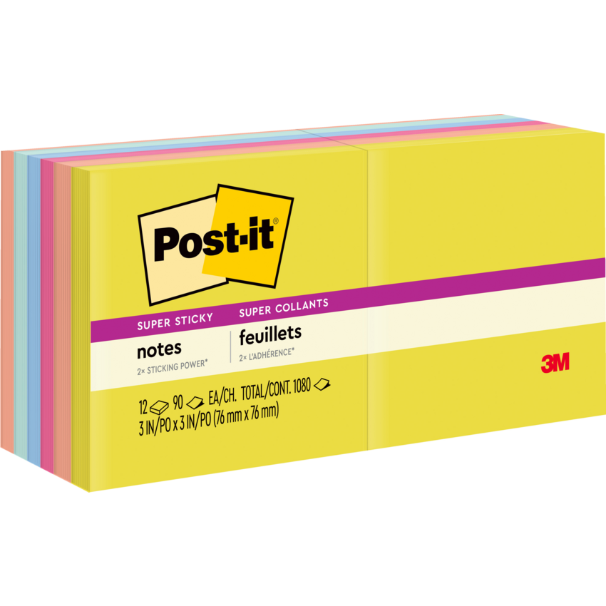 Post-it® Super Sticky Notes 3" x 3" 90 sheets per pad Assorted Summer Joy Collection 12 pads/pkg
