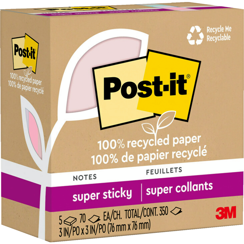 Post-it® 100% Recycled Paper Super Sticky Notes 3" x 3" 70 sheets per pad Assorted Wanderlust Pastel Colours 5 pads/pkg