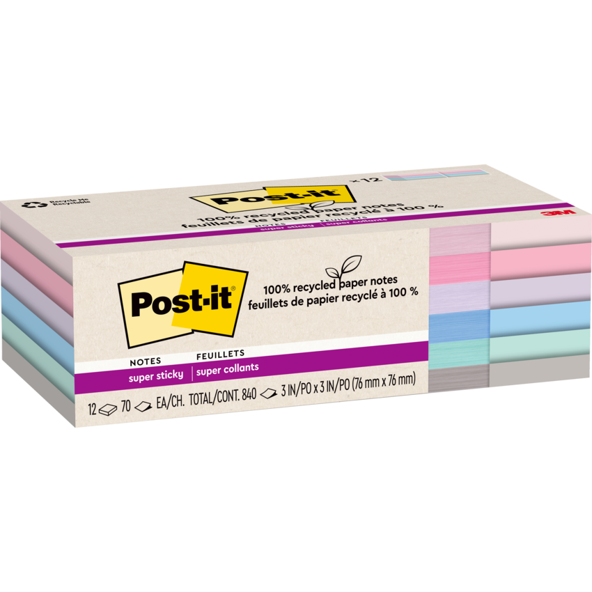 Post-it® 100% Recycled Paper Super Sticky Notes 3" x 3" 70 sheets per pad Assorted Wanderlust Pastel Colours 12 pads/pkg