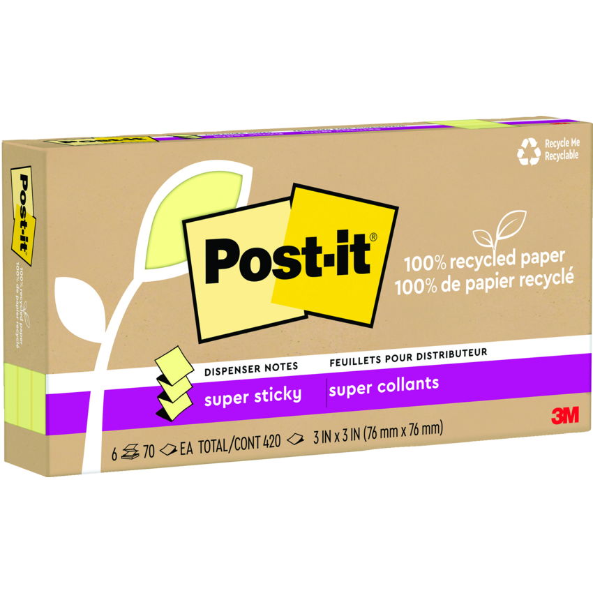 Post-it® 100% Recycled Paper Super Sticky Dispenser Notes 3" x 3" 70 sheets per pad Canary Yellow™ 6 pads/pkg