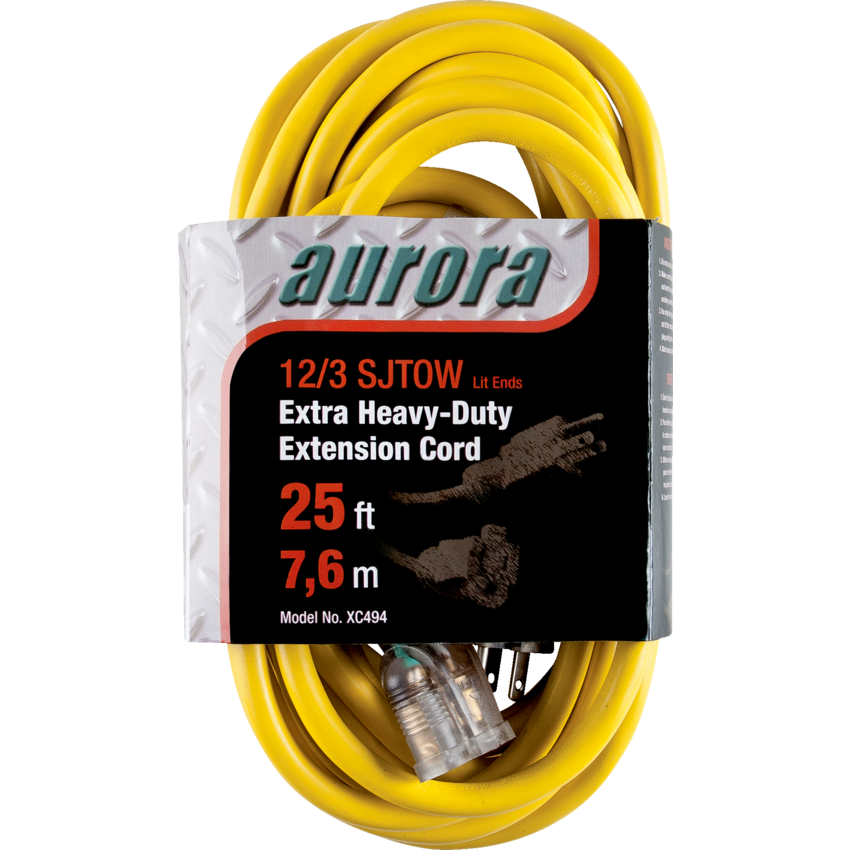 Aurora Tools® Outdoor Vinyl Extension Cords with Light Indicator 25' Yellow