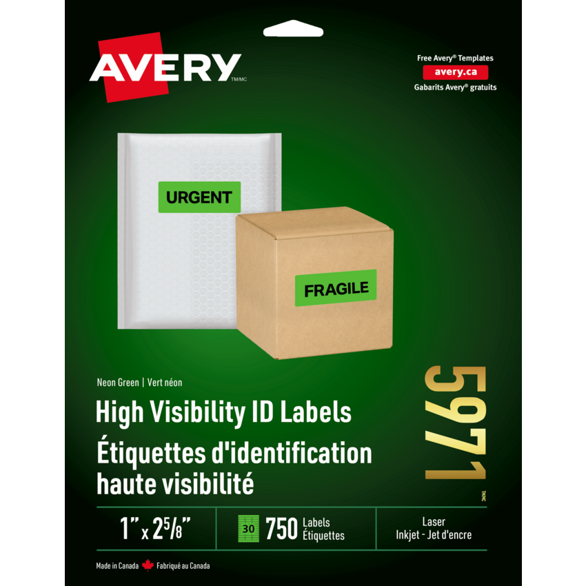 Avery® Neon High Visibility Labels 2-5/8" x 1" (750 Labels) Laser Green 25 sheets/pkg
