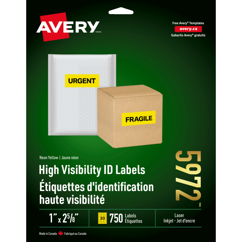 Avery® Neon High Visibility Labels 2-5/8" x 1" (750 Labels) Laser Yellow 25 sheets/pkg