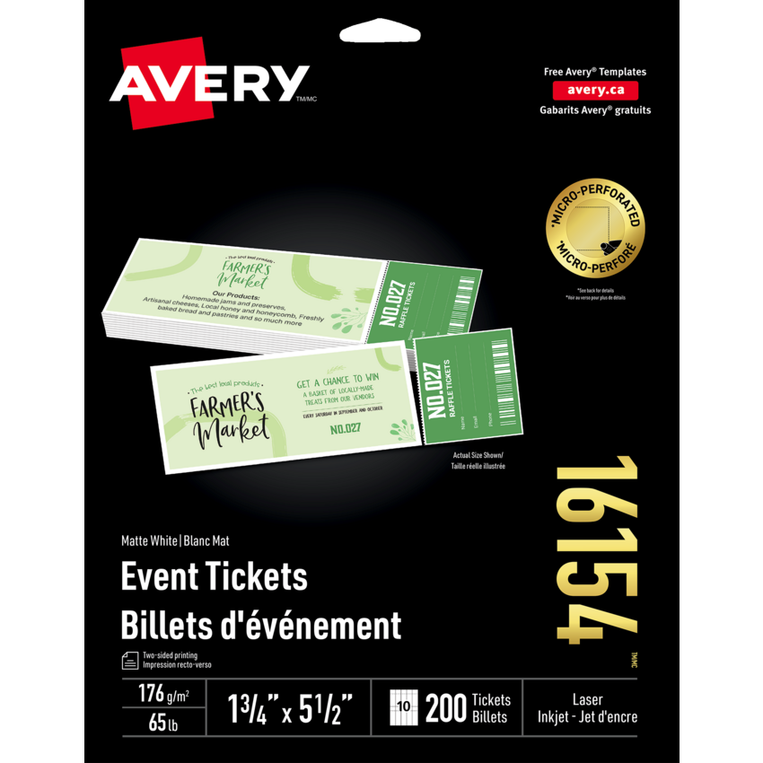 Avery® Tickets with Tear-Away Stubs 1-3/4" x 5-1/2" White 10 Tickets per sheet 20 sheets/pkg