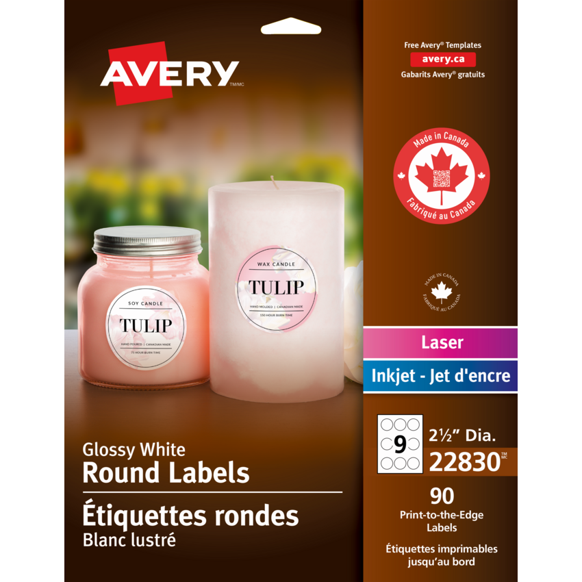 Avery® Print-to-the-Edge Round Labels 2-1/2" Glossy White 90/pkg