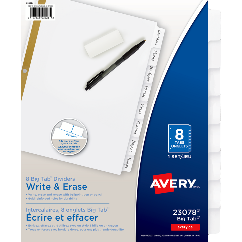 Avery® Big Tab™ Write & Erase Dividers 11" x 8-1/2" 8 tabs White