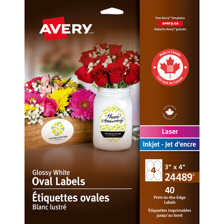 Avery® Print-to-the-Edge Oval Labels 3"x 4" Glossy White 40/pkg