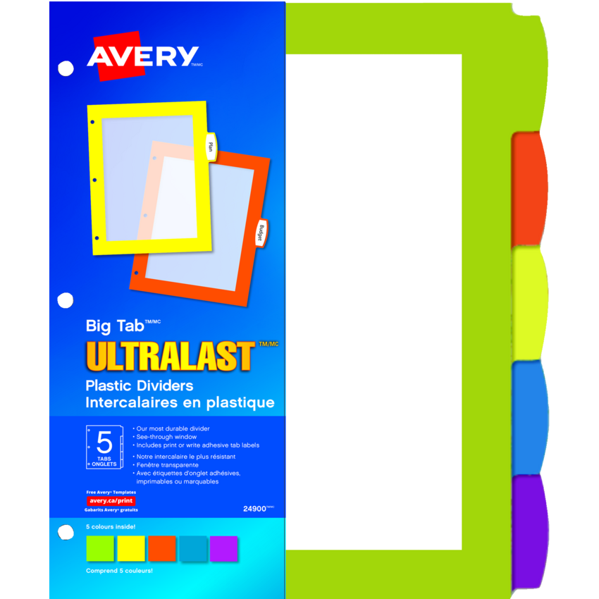 Avery® Big Tab™ UltraLast Plastic Dividers Assorted Colours 5 tabs/pkg
