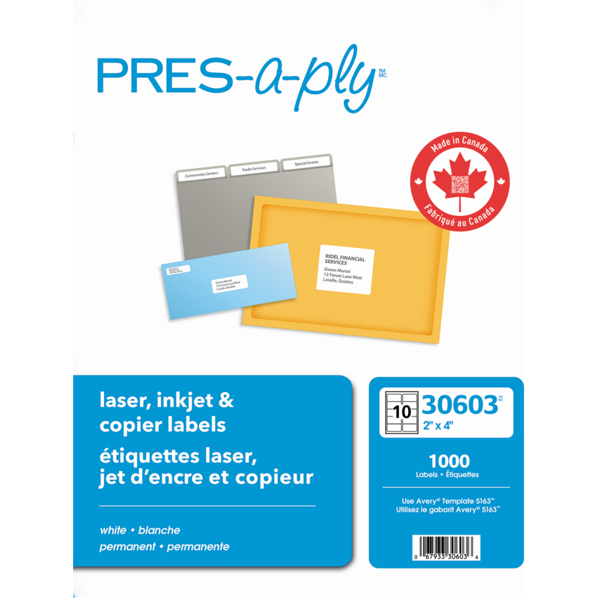 Avery® PRES-a-ply® White Laser Label 4" x 2" 1000/box