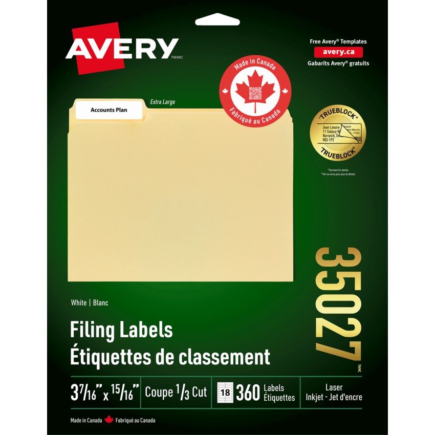 Avery® TrueBlock™ Extra Large Filing Labels White 360/pkg