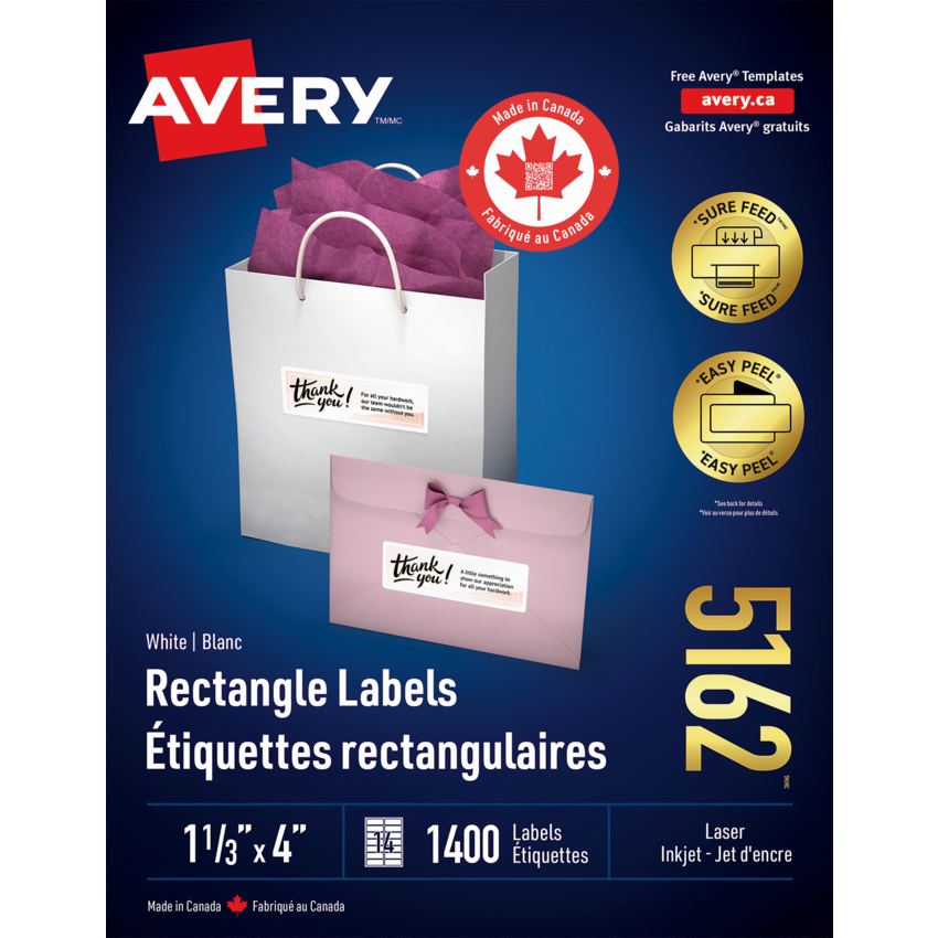 Avery® Easy Peel® White Rectangle Labels 1-1/3" x 4" (1,400 Labels) Laser and Inkjet White 100 sheets/box