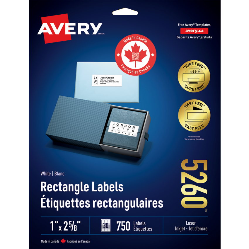 Avery® Easy Peel® White Rectangle Labels 1" x 2-5/8" (750 Labels) Laser and Inkjet White 25 sheets/pkg