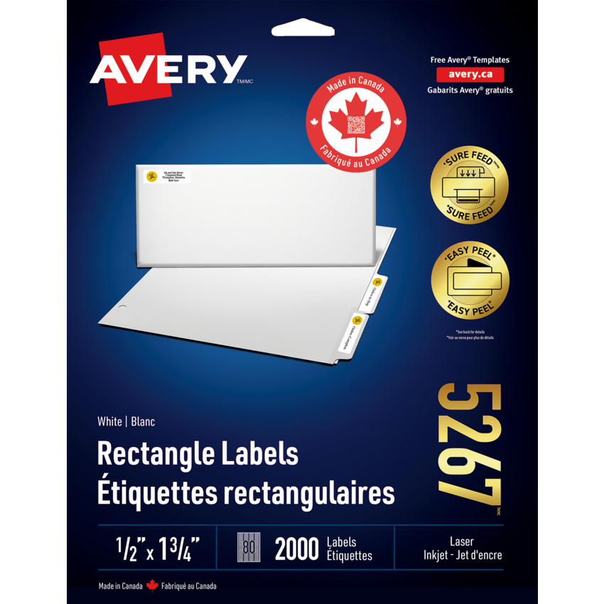 Avery® Easy Peel® White Rectangle Labels 1/2" x 1-3/4" (2,000 Labels) Laser and Inkjet White 25 sheets/pkg