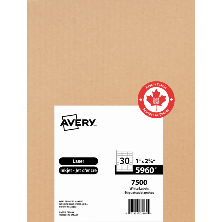 Avery® Easy Peel® White Rectangle Labels 1" x 2-5/8" (7,500 Labels) Laser and Inkjet White 250 sheets/box