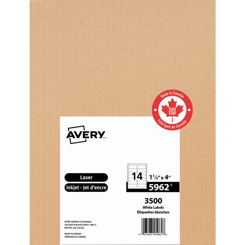 Avery® Easy Peel® White Rectangle Labels 1-1/3" x 4" (3,500 Labels) Laser and Inkjet White 250 sheets/box