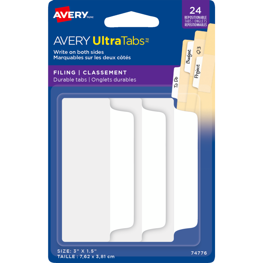 Avery® UltraTabs™ Filing Tabs 3" x 1-1/2" White 24/pkg