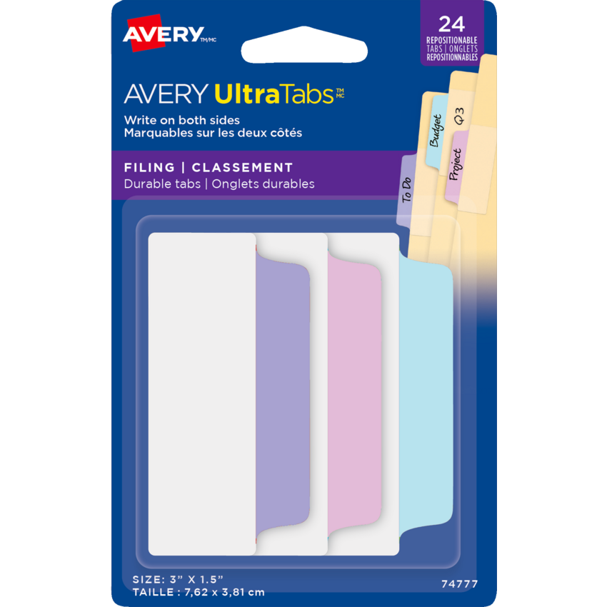 Avery® UltraTabs™ Filing Tabs 3" x 1-1/2" Pastel Colours 24/pkg