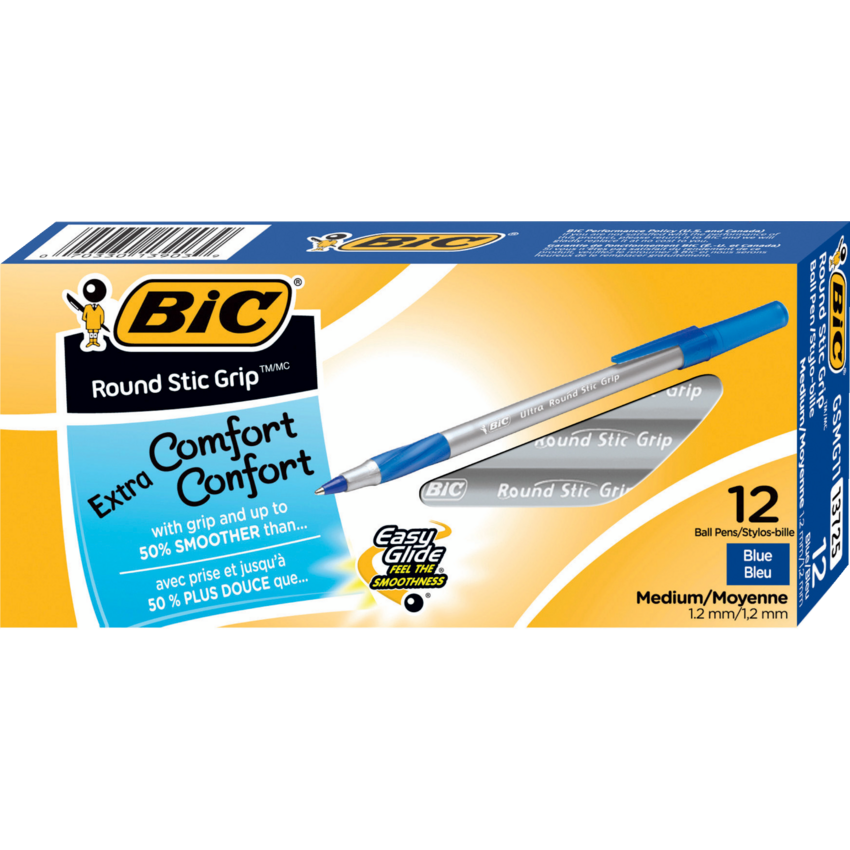 BIC® Round Stic Grip® Pens Medium Point Blue 12/box