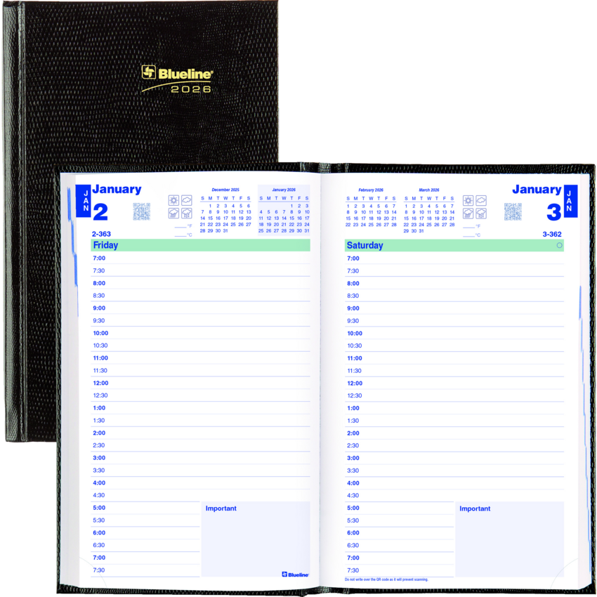 Blueline® Traditional Daily Planner Hard Cover 8" x 5" English Black