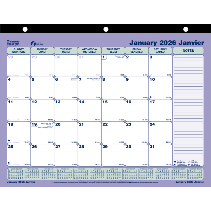 Blueline® Monthly Desk/Wall Calendar 3-Hole 11" x 8-1/2" Bilingual