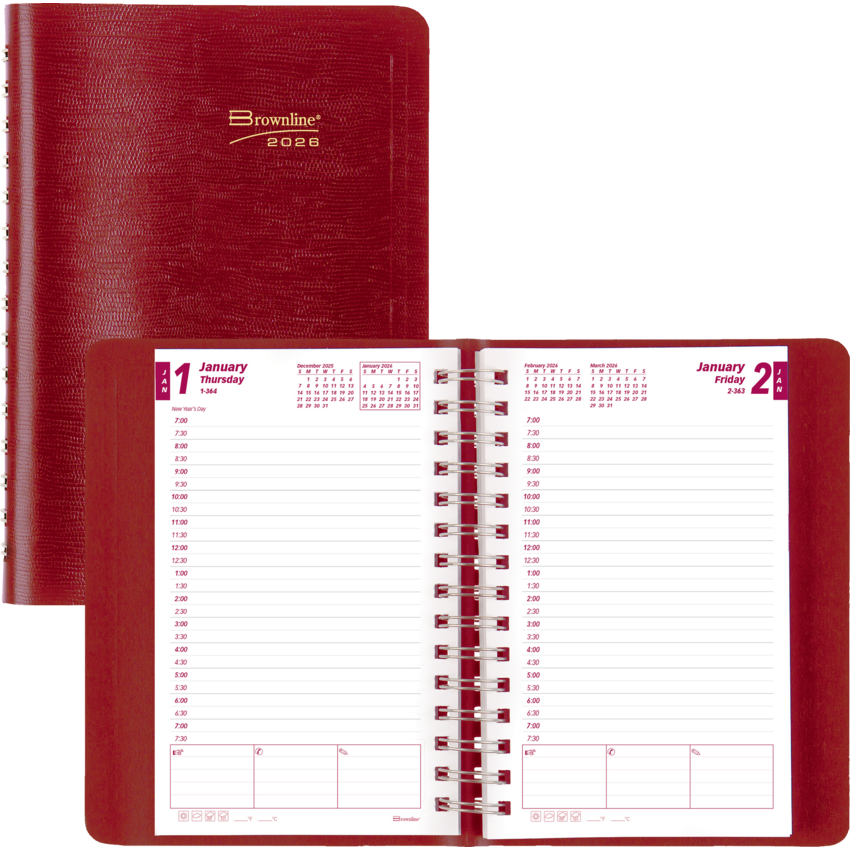 Brownline® Essential Daily Diary Twin Wire 8x5" English Red