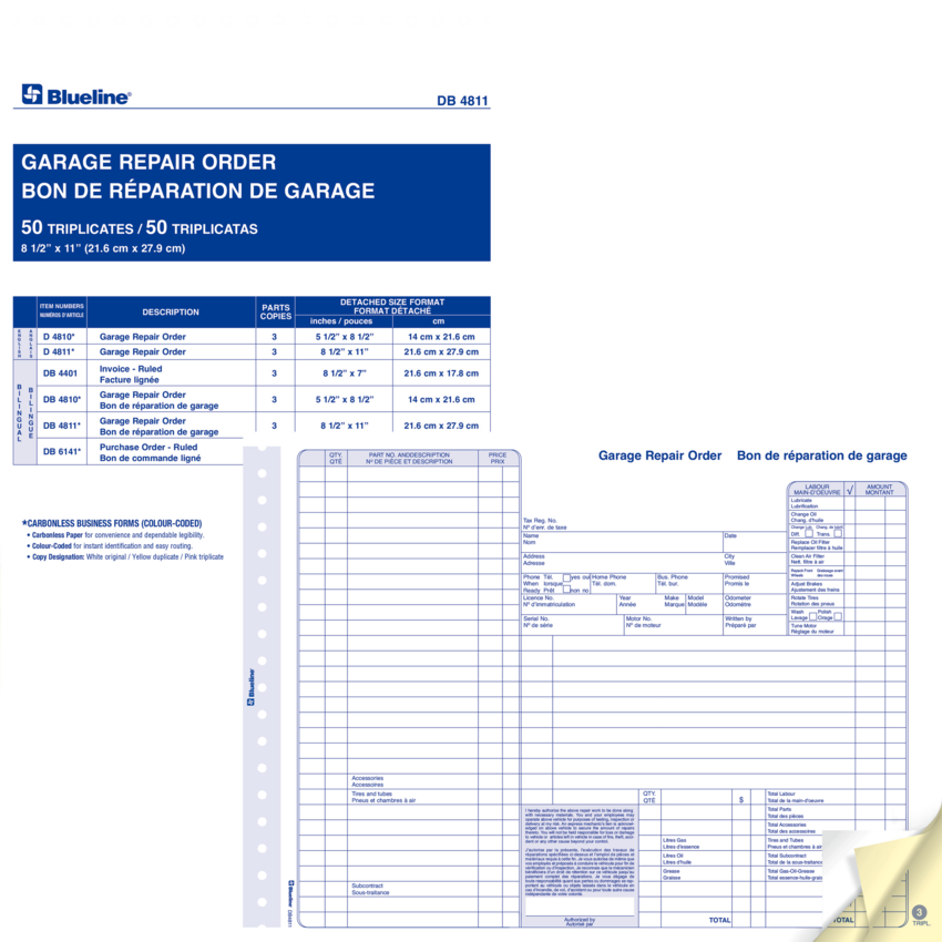 Blueline® Garage Repair Orders 3-part 50 sets 8-1/2x11" Bilingual