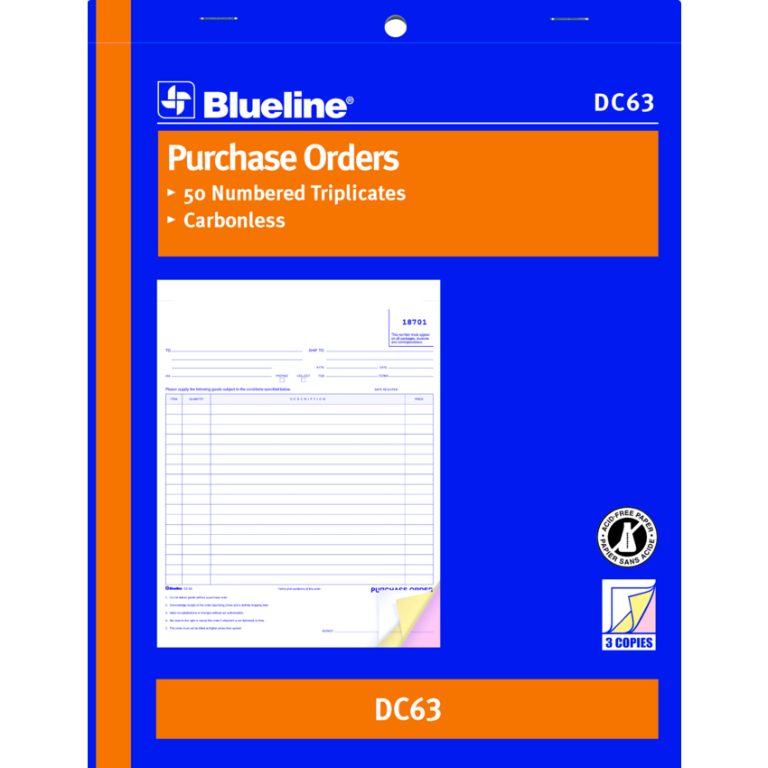Blueline® Carbonless Purchase Orders 3-part 8-1/2x11" English