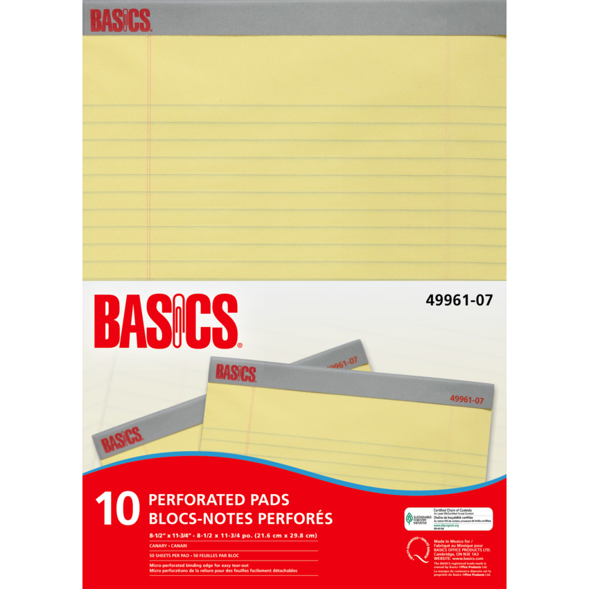 Basics® Perforated Pads 8-1/2x11-3/4" Canary 50shts/pad 10 pads/pkg