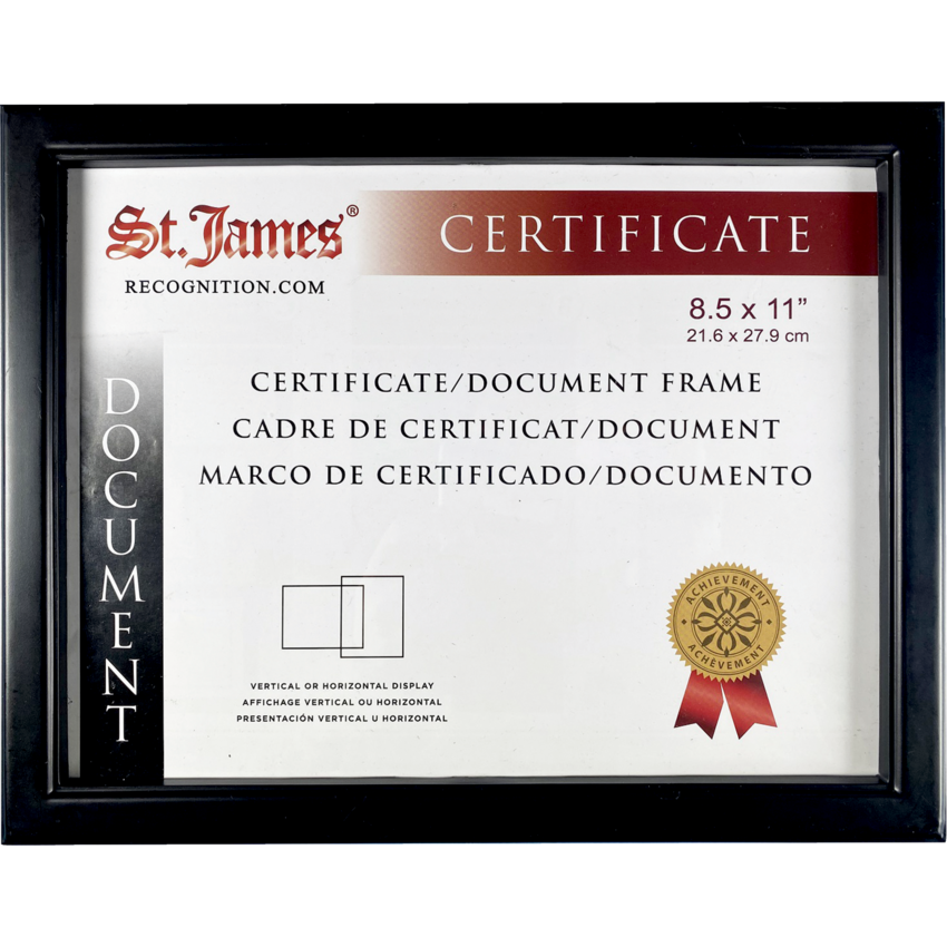 St. James® Certificate/Document Frame with One-Piece Molding 12" x 9-2/5" x 1/2" Black