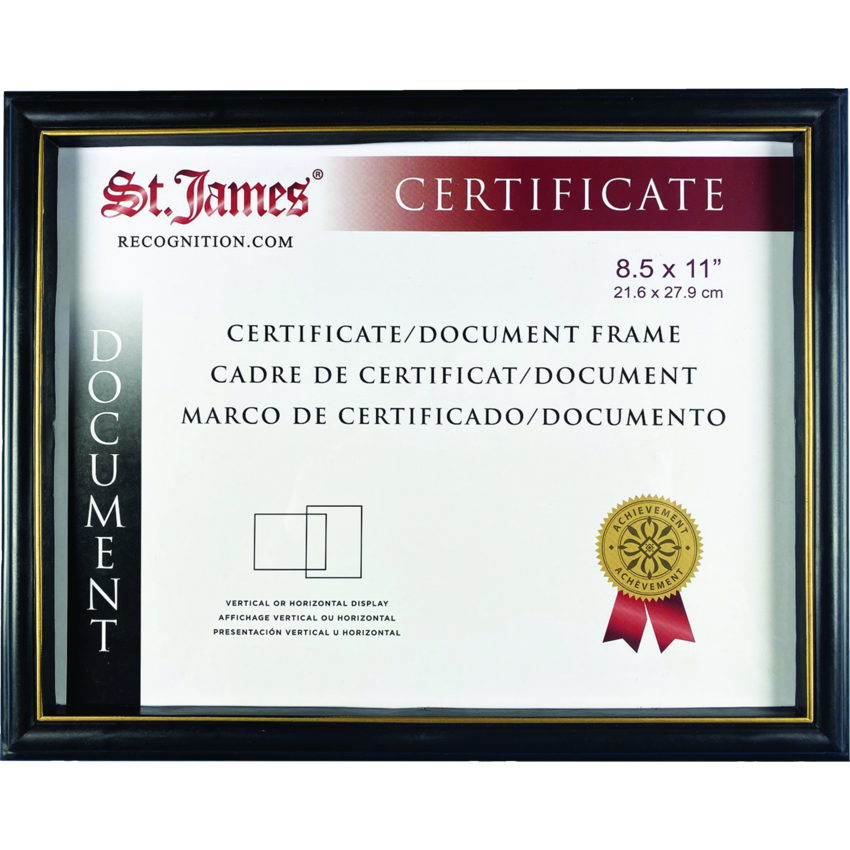 St. James® Certificate/Document Frame with One-Piece Molding 12-1/4" x 9-7/10" x 1/2" Black w/ Gold Trim