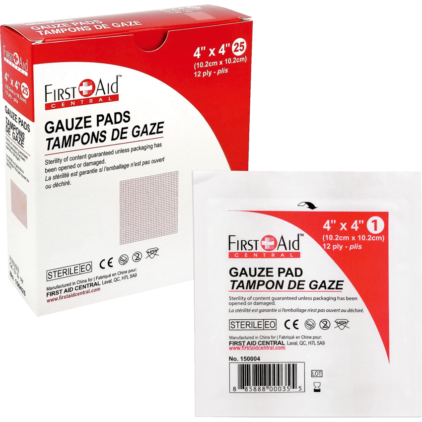 First Aid Central® Gauze Pads 4” x 4” 25/pkg