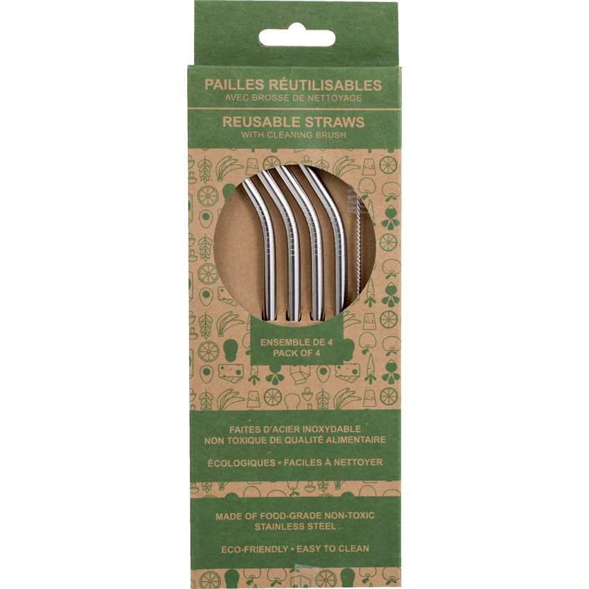 GEO Reusable Straws 8-1/2" Stainless Steel 4/pkg