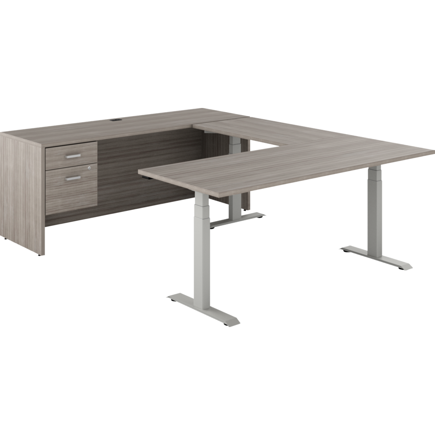 Offices to Go® Newland™ U-Shaped Desk with 3-Stage Height Adjustable Table and Hanging box/file pedestal 72"W x 95"D x 22-3/5" to 48-1/5" H Tungsten/Noce Grigio finish