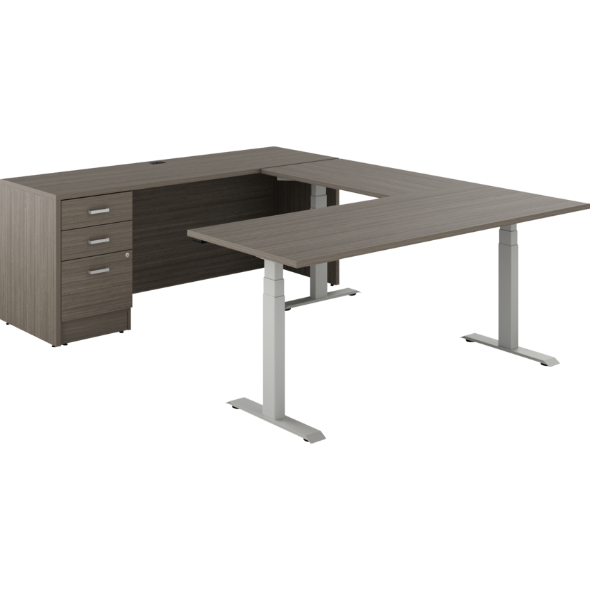 Offices to Go® Newland™ U-Shaped Desk with 3-Stage Height Adjustable Table and Box/box/file pedestal 72"W x 95"D x 22-3/5" to 48-1/5"H Tungsten/Absolute Acajou finish