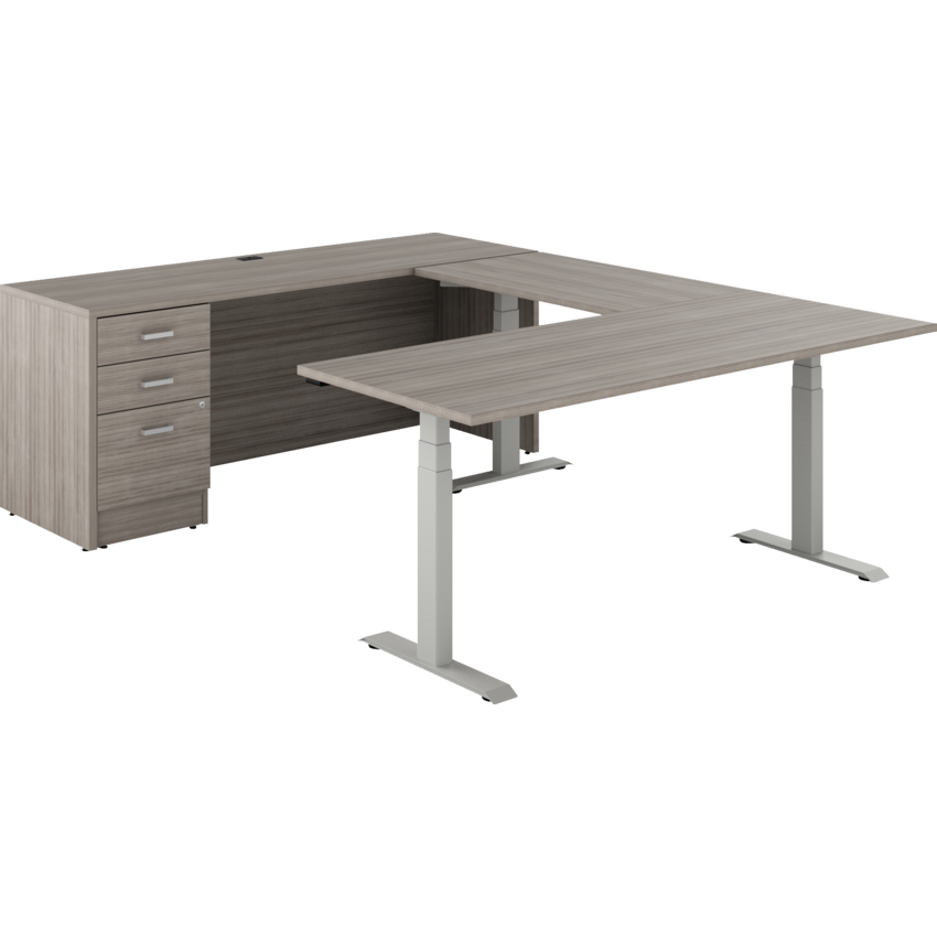 Offices to Go® Newland™ U-Shaped Desk with 3-Stage Height Adjustable Table and Box/box/file pedestal 72"W x 95"D x 22-3/5" to 48-1/5"H Tungsten/Noce Grigio finish