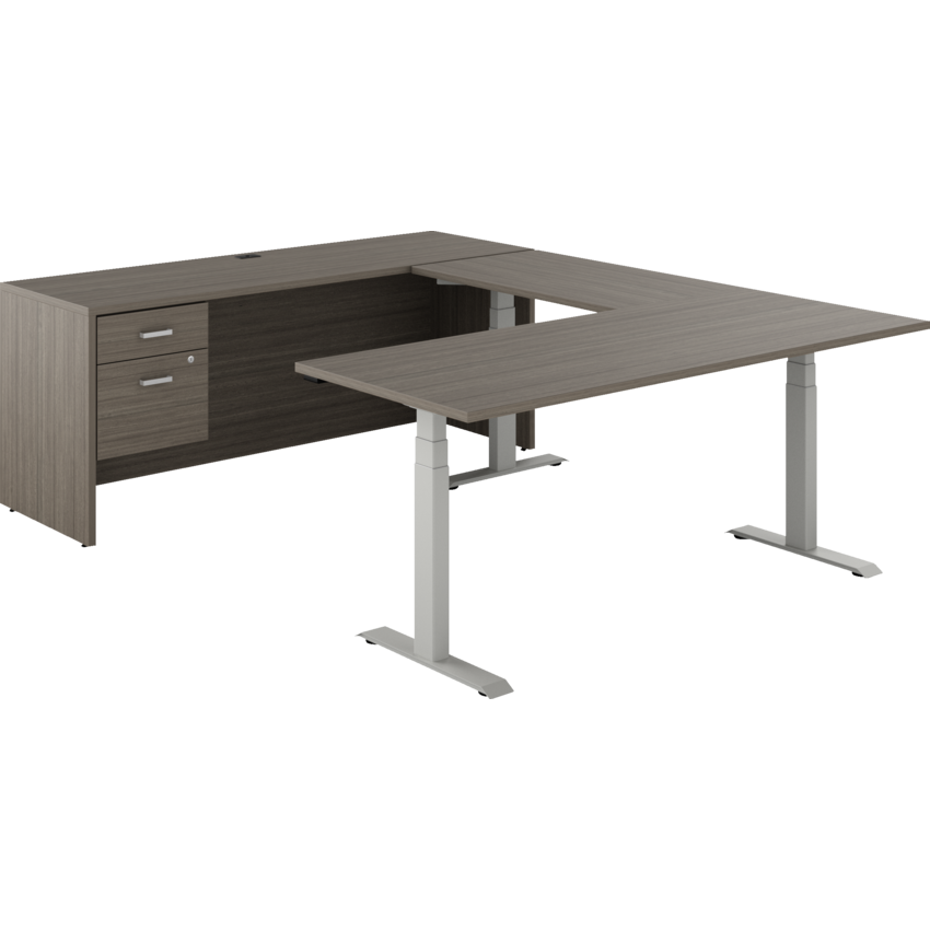 Offices to Go® Newland™ U-Shaped Desk with 3-Stage Height Adjustable Table and Hanging box/file pedestal 72"W x 95"D x 22-3/5" to 48-1/5" H Tungsten/Absolute Acajou finish