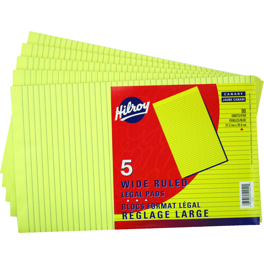 Hilroy Writing Pads Wide Rule 90 sheets per pad 8-3/8" x 14" Canary 5pads per pkg