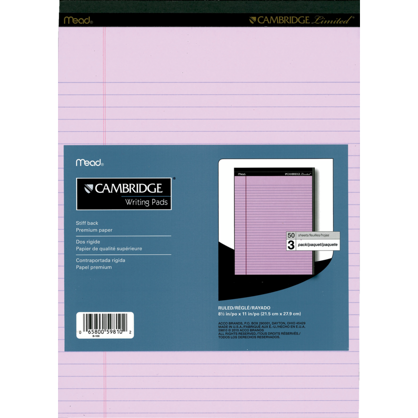 Mead® Cambridge® Coloured Writing Pads 8-1/2" x 11" 50 sheets per pad Orchid 3 pads/pkg