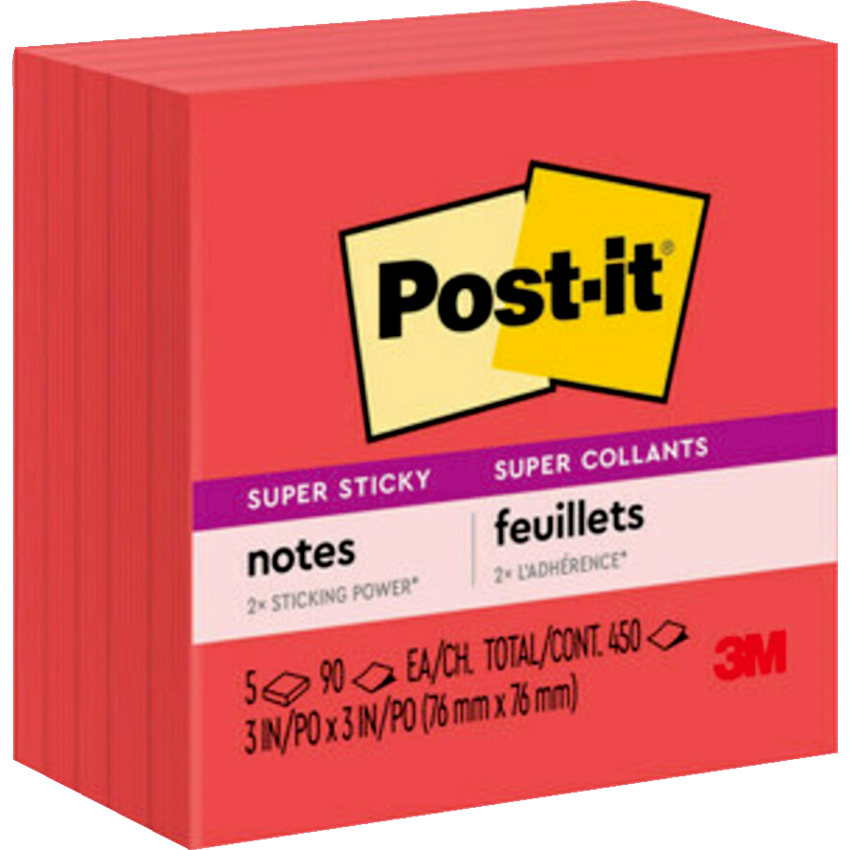 Post-it® Super Sticky Notes Cubes 3" x 3" 90 Sheets Candy Red 5 pads/pkg