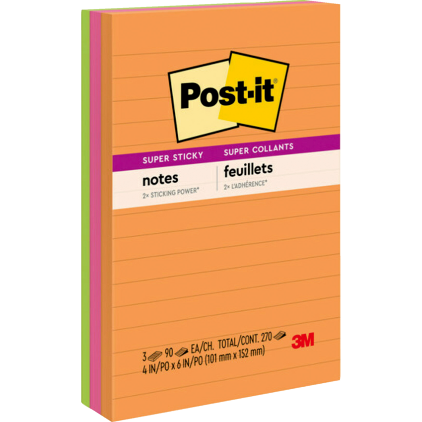 Post-it® Super Sticky Notes 4" x 6" Lined 90 sheets per pad Assorted Energy Boost Colours 3 pads/pkg