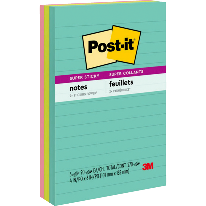 Post-it® Super Sticky Notes Lined 4" x 6" 90 sheets per pad Assorted Supernova Colours 3 pads/pkg