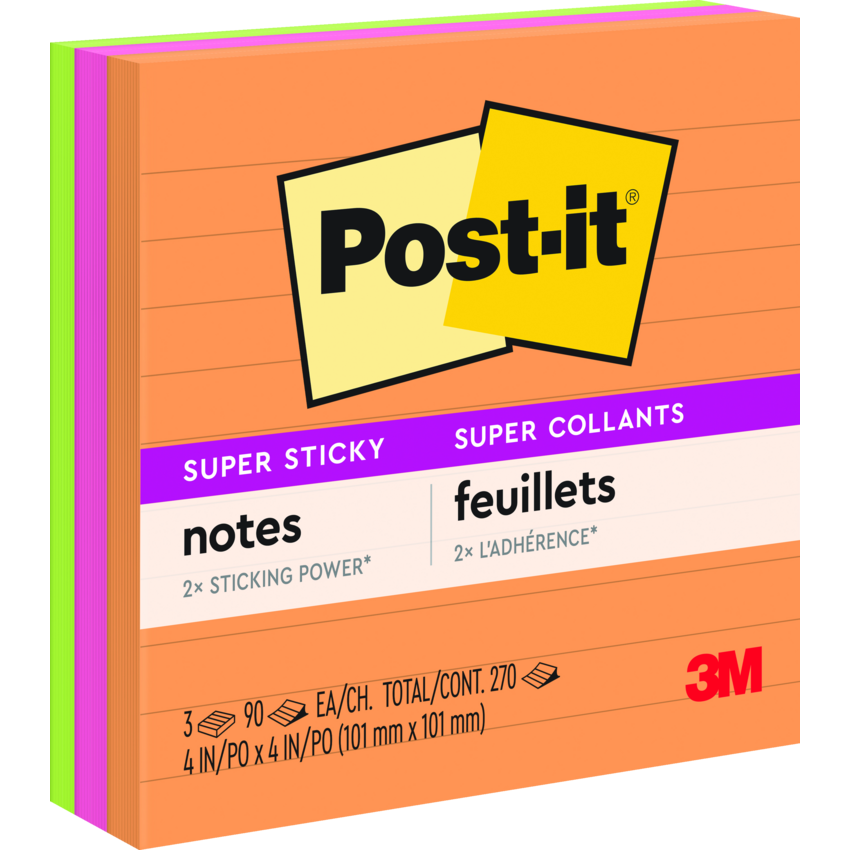 Post-it® Super Sticky Notes 4" x 4" 90 sheets per pad Assorted Rio De Janeiro Colours 3 pads/pkg