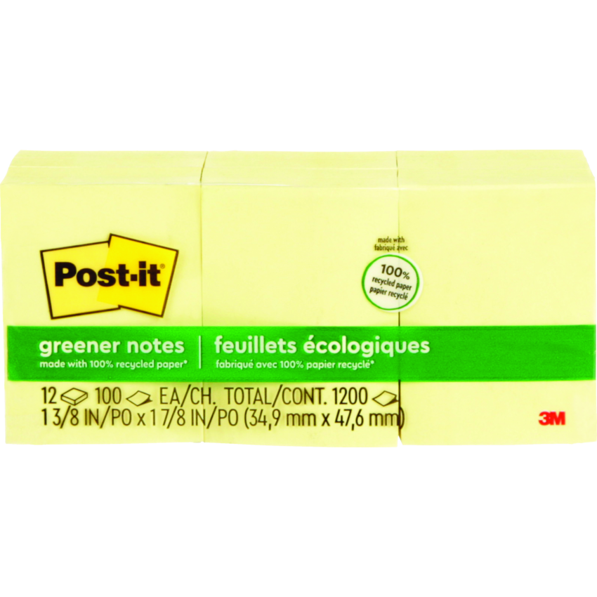 Post-it® Greener Notes 1-3/8" x 1-7/8" 100 sheets per pad Canary Yellow 12 pads/pkg