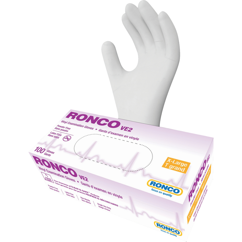 RONCO VE2 Examination Vinyl Gloves X-Large Clear 100/box