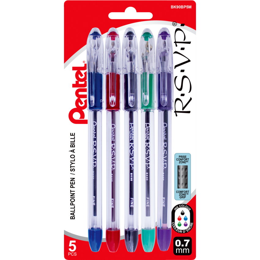 Pentel® R.S.V.P.® Pens Refillable Fine Point Assorted Colours 5/pkg