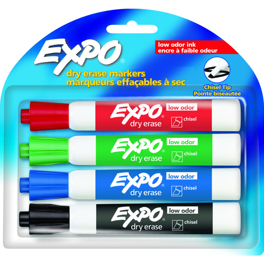 Expo® Low Odour Dry Erase Markers Chisel Tip Assorted Colours 4/pkg