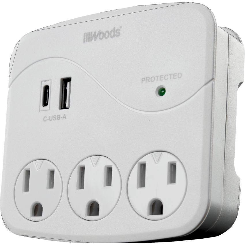 Woods® 3-Outlet/USB A & C Ports Surge Wall Tap White